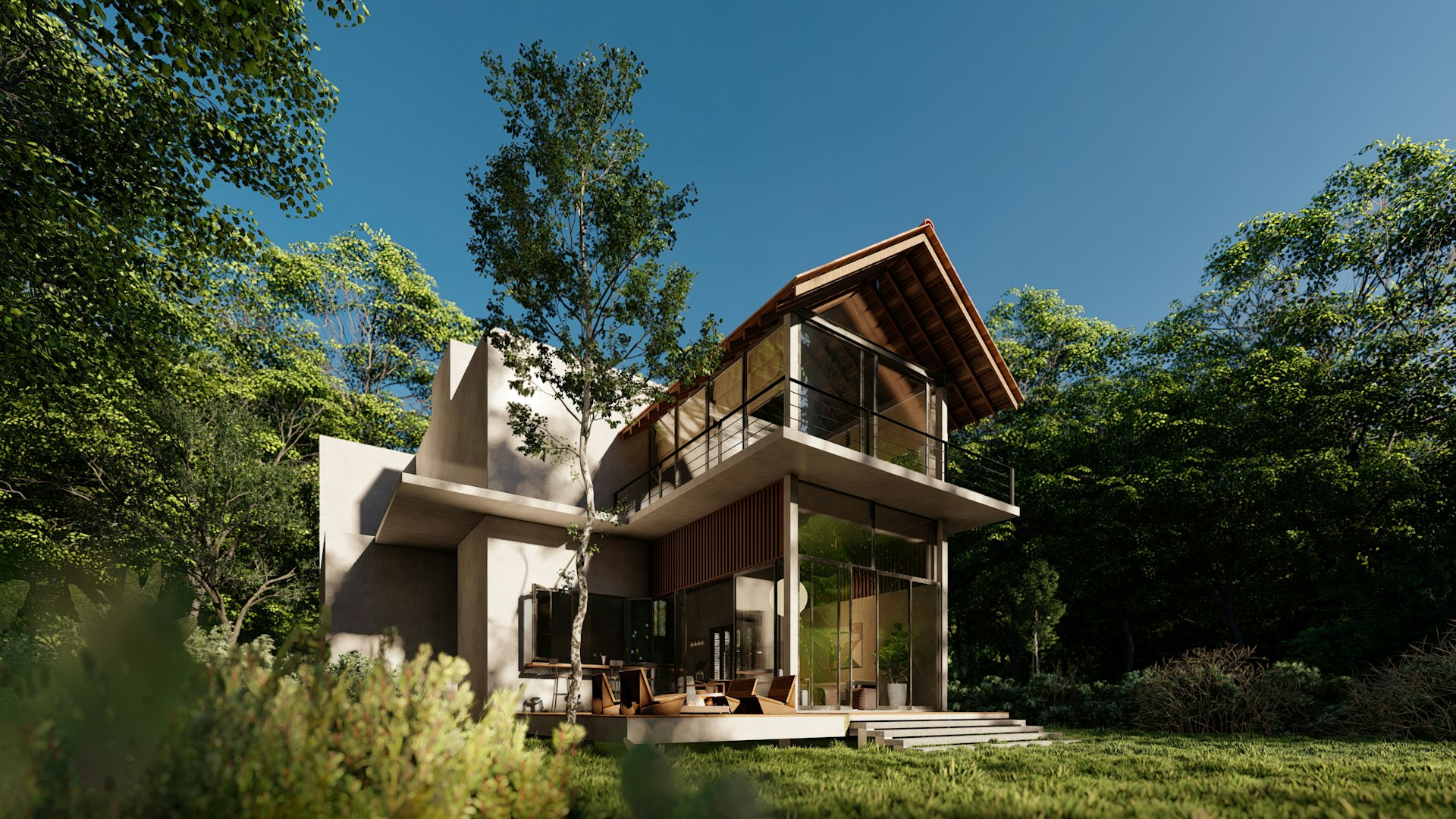 a house in the middle of a lush green forest